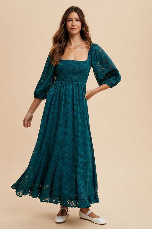 Jacquard smocking detail rufled maxi dress