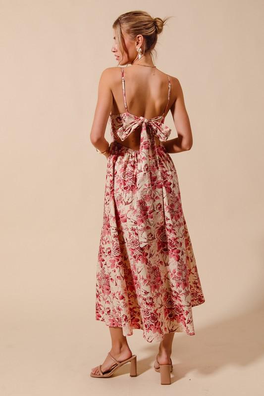 Floral V neck dress with back bow tie (Preorder)