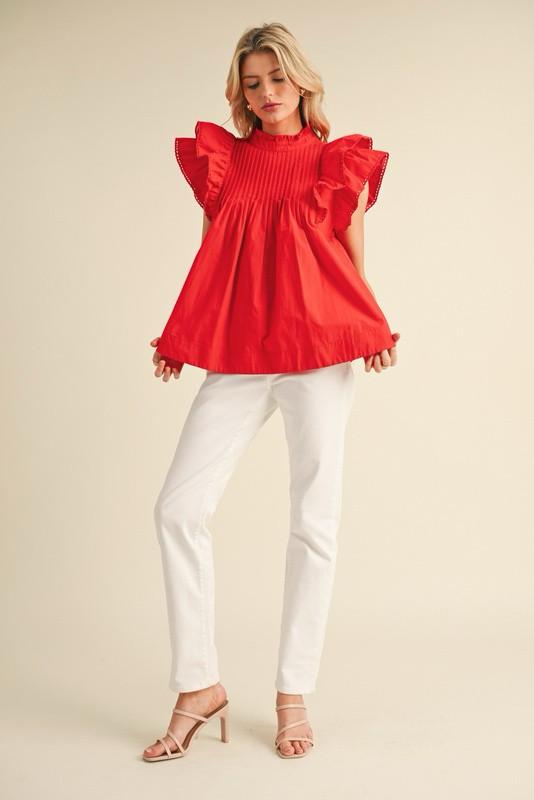 Ruby red ruffle pleated blouse (Preorder)