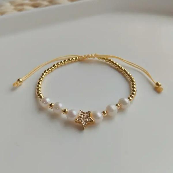 Star charm Pearl beaded adjustable bracelet