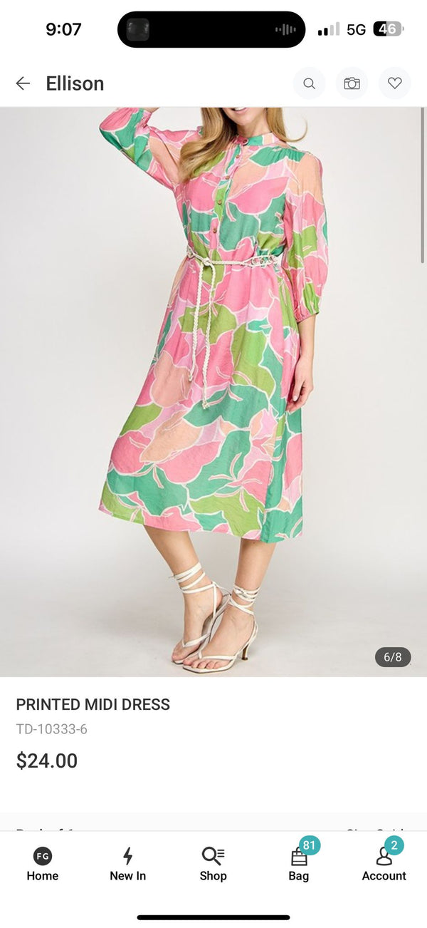 Pink & Green Floral Print Belted Midi Dress (Preorder coming by the end of March)