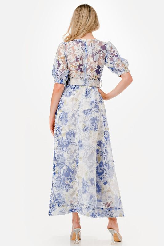 White & blue lace belted maxi dress