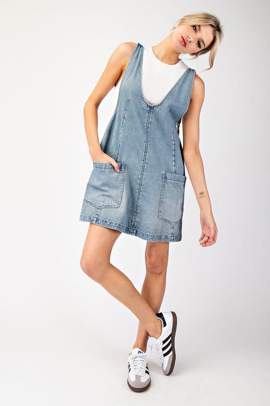 Mini denim overall dress