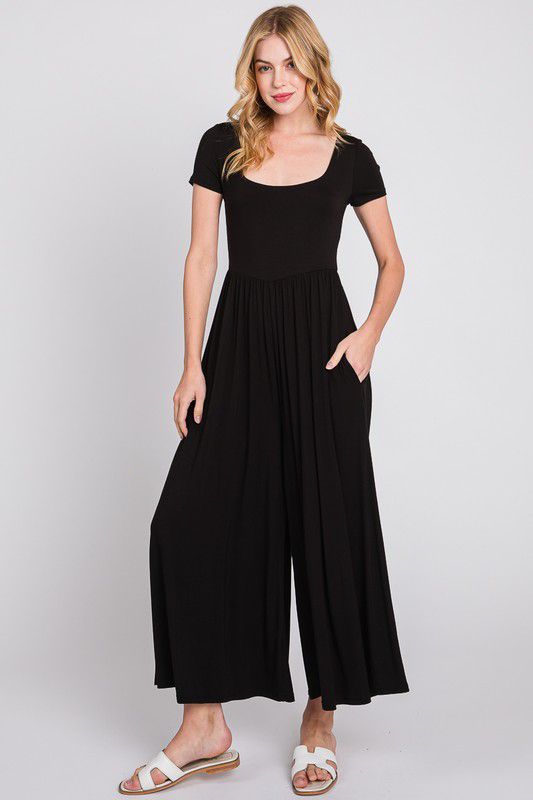 Short sleeve wide leg black jumpsuit (Preorder)