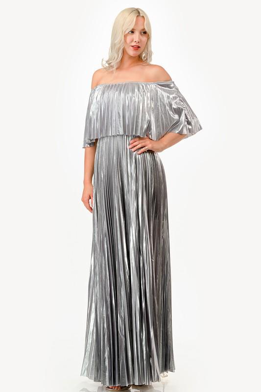 Off shoulder silver pleated dress (Preorder)