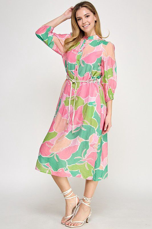 Pink & Green Floral Print Belted Midi Dress (Preorder coming by the end of March)