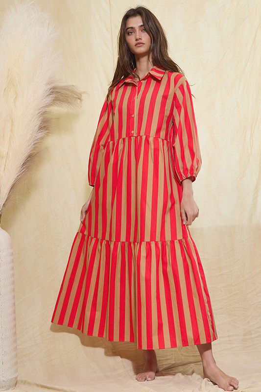 Striped tiered print midi dress