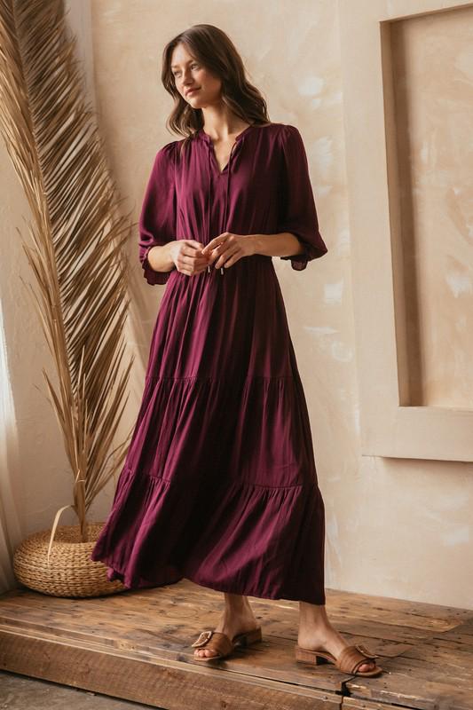 3/4 sleeves wine red maxi dress