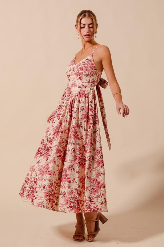 Floral V neck dress with back bow tie (Preorder)