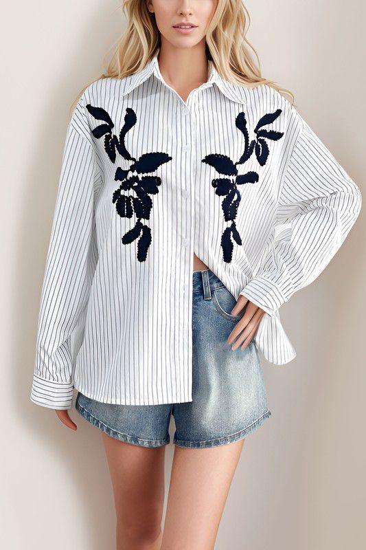 Black striped flower details button down white top