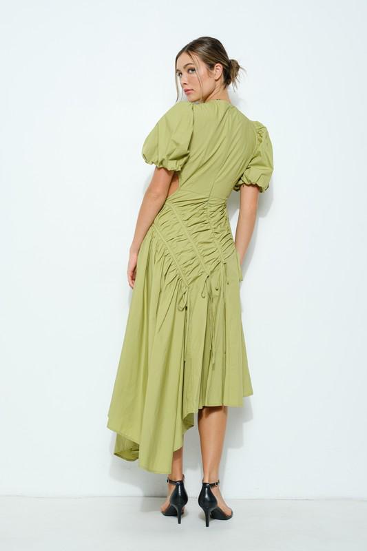 Green bubble sleeves cut out asymmetrical dress