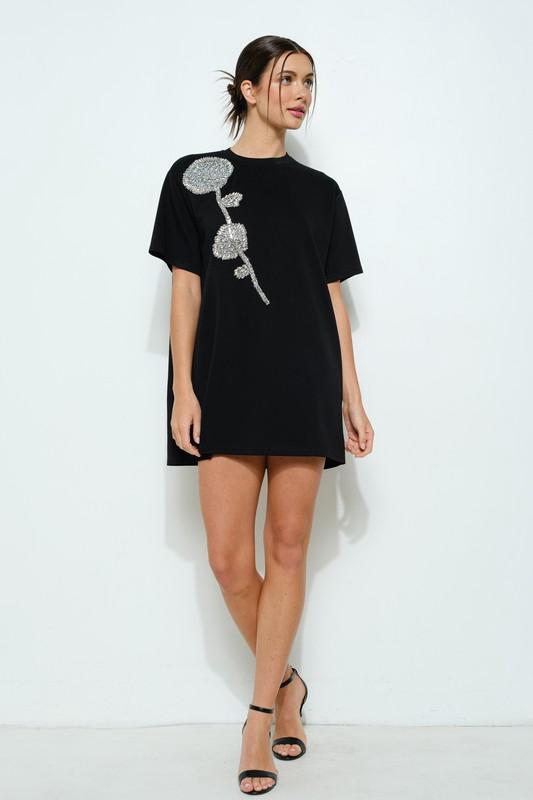 Rhinestone beaded flower black  t-shirt dress (Preorder)