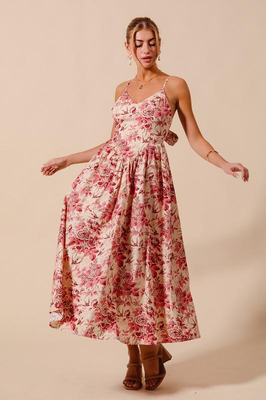 Floral V neck dress with back bow tie (Preorder)