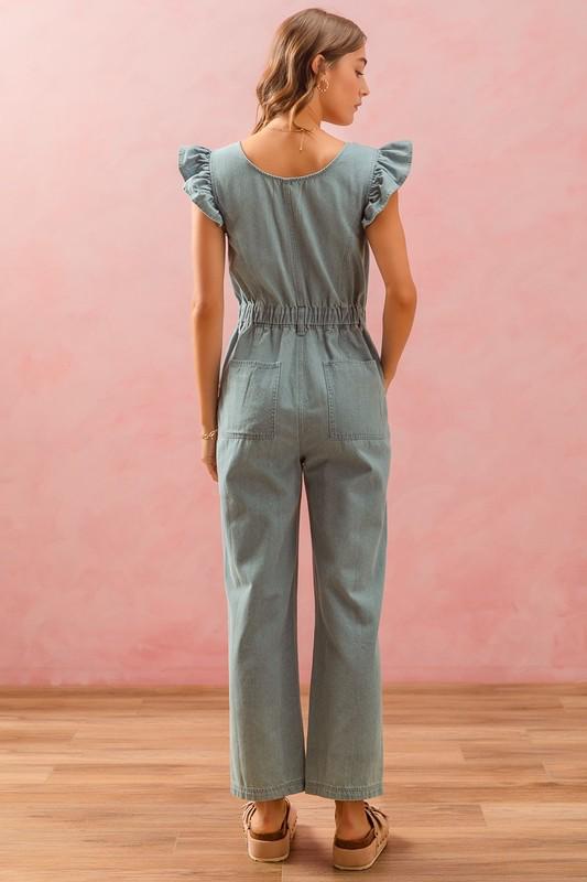 Flutter sleeve silver zipper denim Jumpsuit