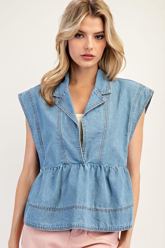 Denim sleeveless collared top