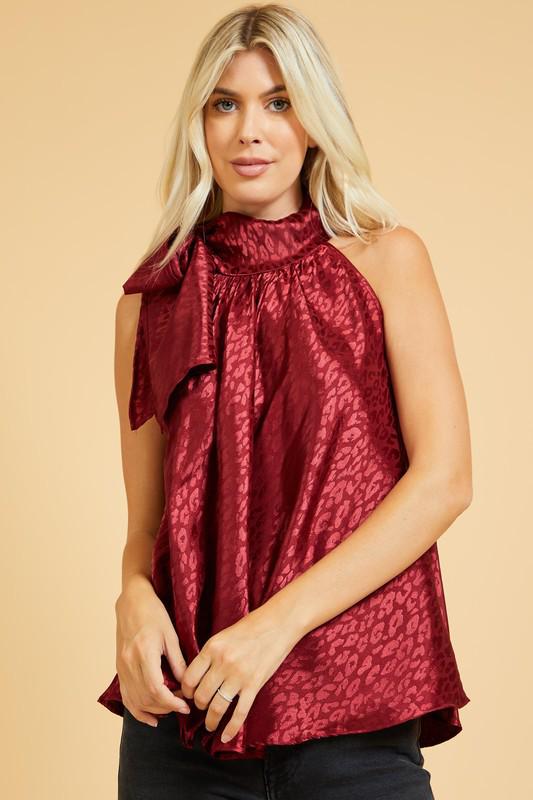 High neck bow burgundy top