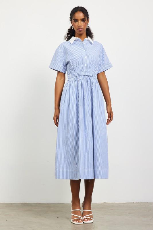 Button down smocked waist midi blue dress