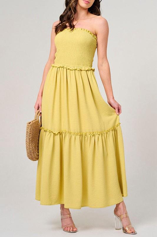 Strapless yellow smocked maxi dress