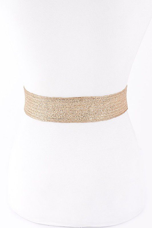 Gold straw metallic stretch hammered buckle belt