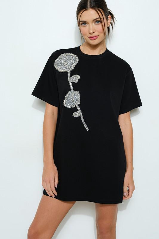 Rhinestone beaded flower black  t-shirt dress (Preorder)