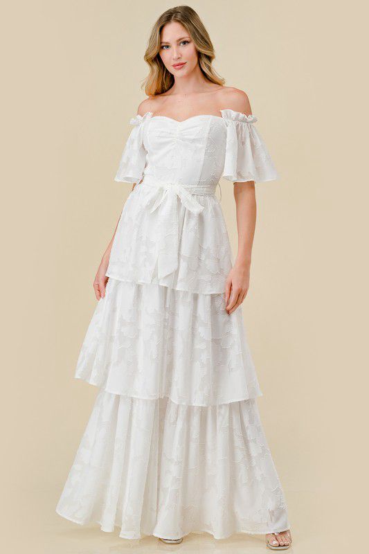 Off shoulder white ruffle maxi dress (Preorder)