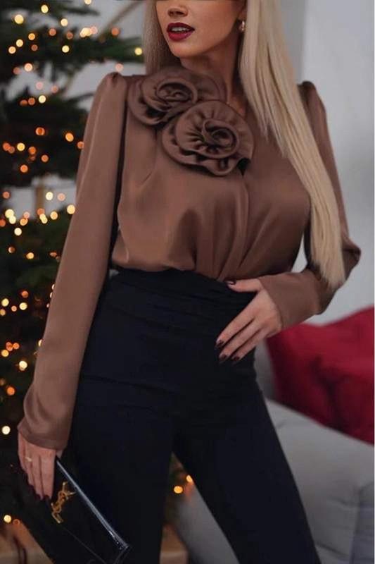 Floral Accent Silk mocha Blouse (Preorder)