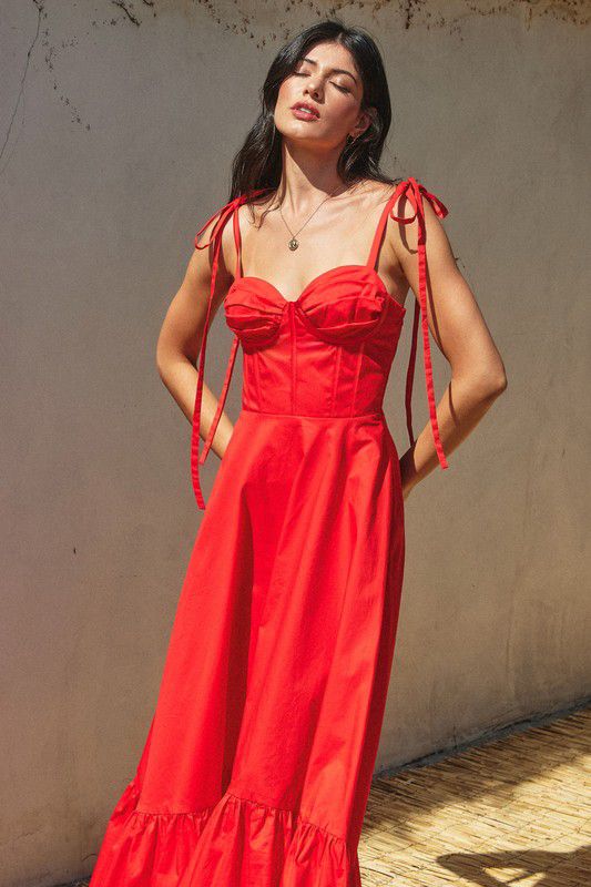 Red corset bodice maxi dress