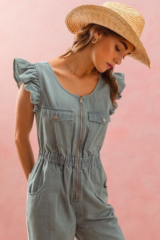 Flutter sleeve silver zipper denim Jumpsuit