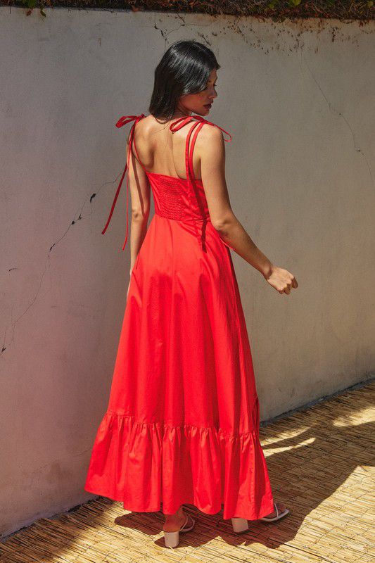 Red corset bodice maxi dress