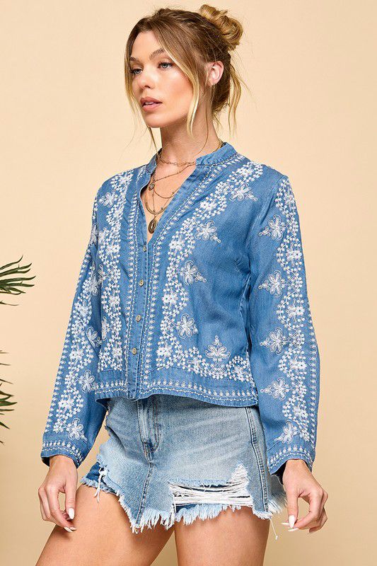 Floral embroidery blouse top