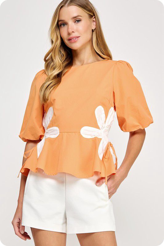 Flower color block orangep poplin top