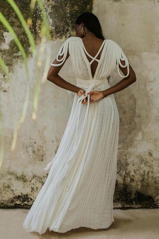 White draped braids shoulder backless maxi dress