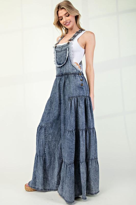 Lace trim tiered sleeveless jumpsuit