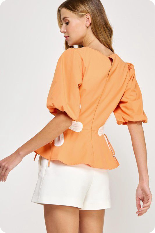 Flower color block orangep poplin top