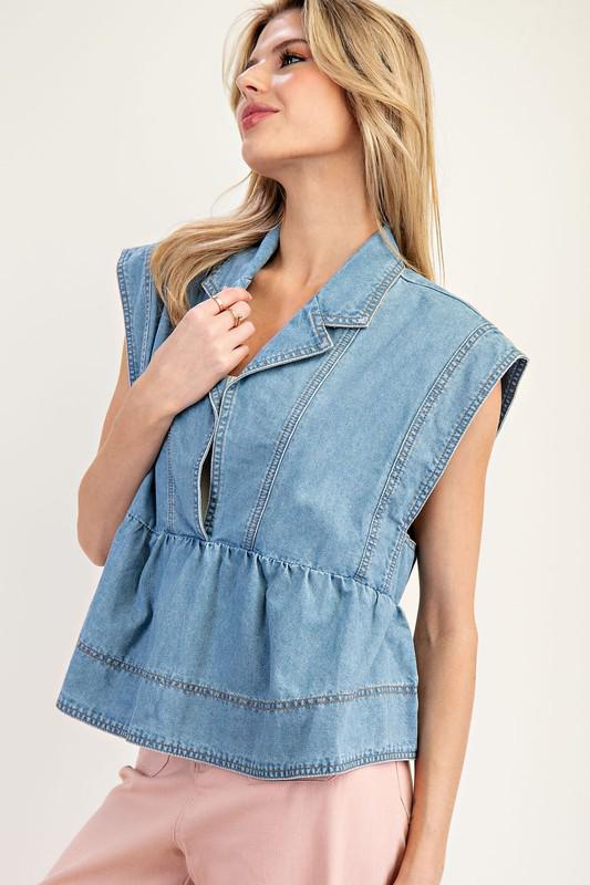 Denim sleeveless collared top