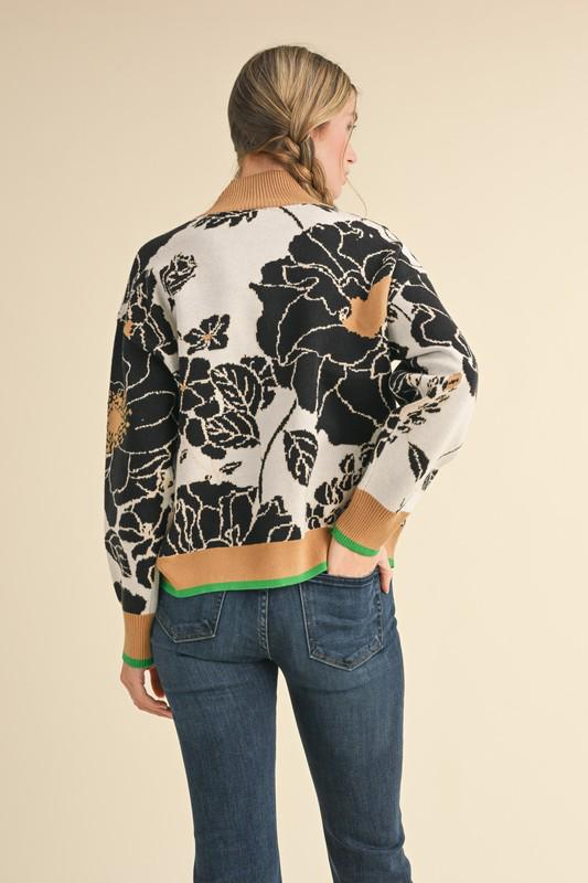 Black flowers high new zipper sweater