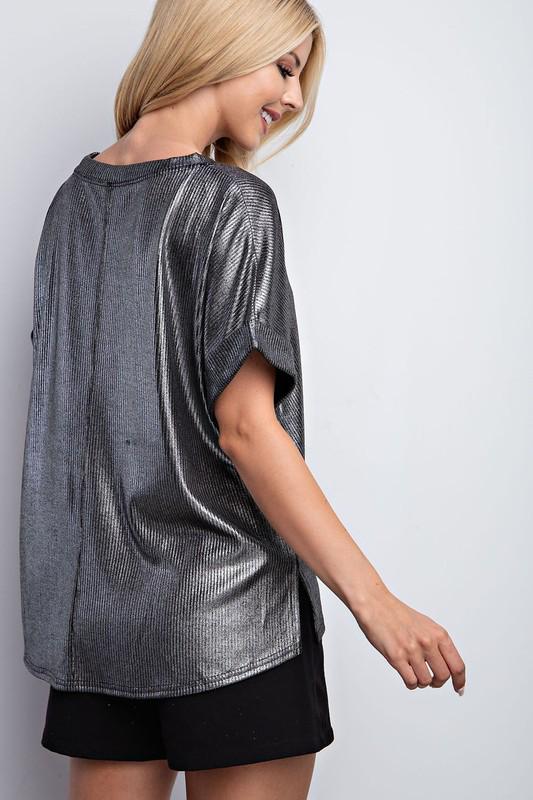 High low metallic pewter silver top