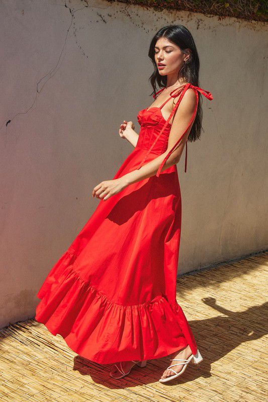 Red corset bodice maxi dress