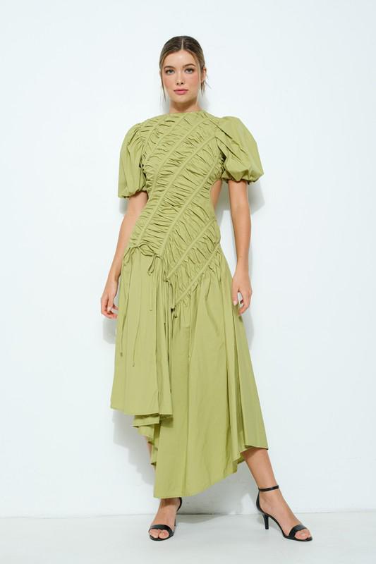 Green bubble sleeves cut out asymmetrical dress