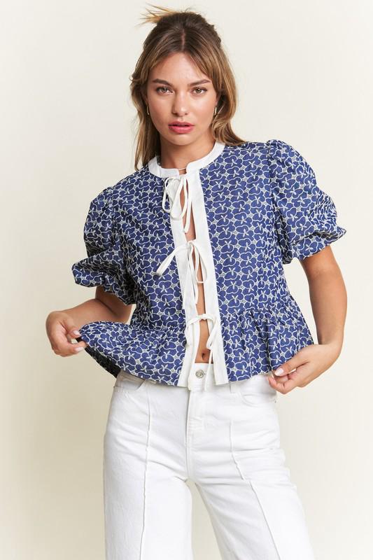 Indigo bloom tie front blouse (Preorder)