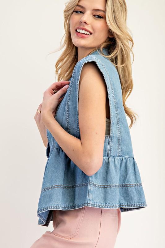 Denim sleeveless collared top