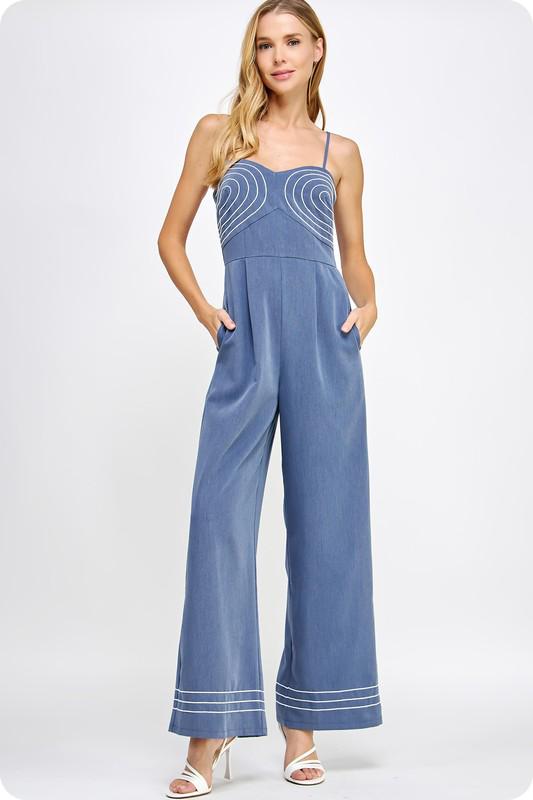 Embroidered sleeveless jumpsuit