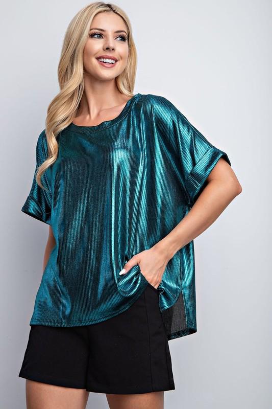 High low metallic green top